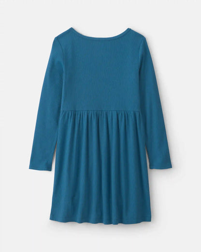 Girls Rib Long-Sleeve Dress - Blue