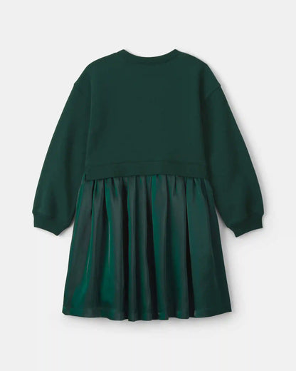 Girls Bow Layered Fleece Dress - Green