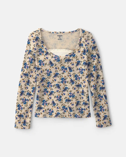 Girls Floral Long-Sleeve Top - Blue/Cream