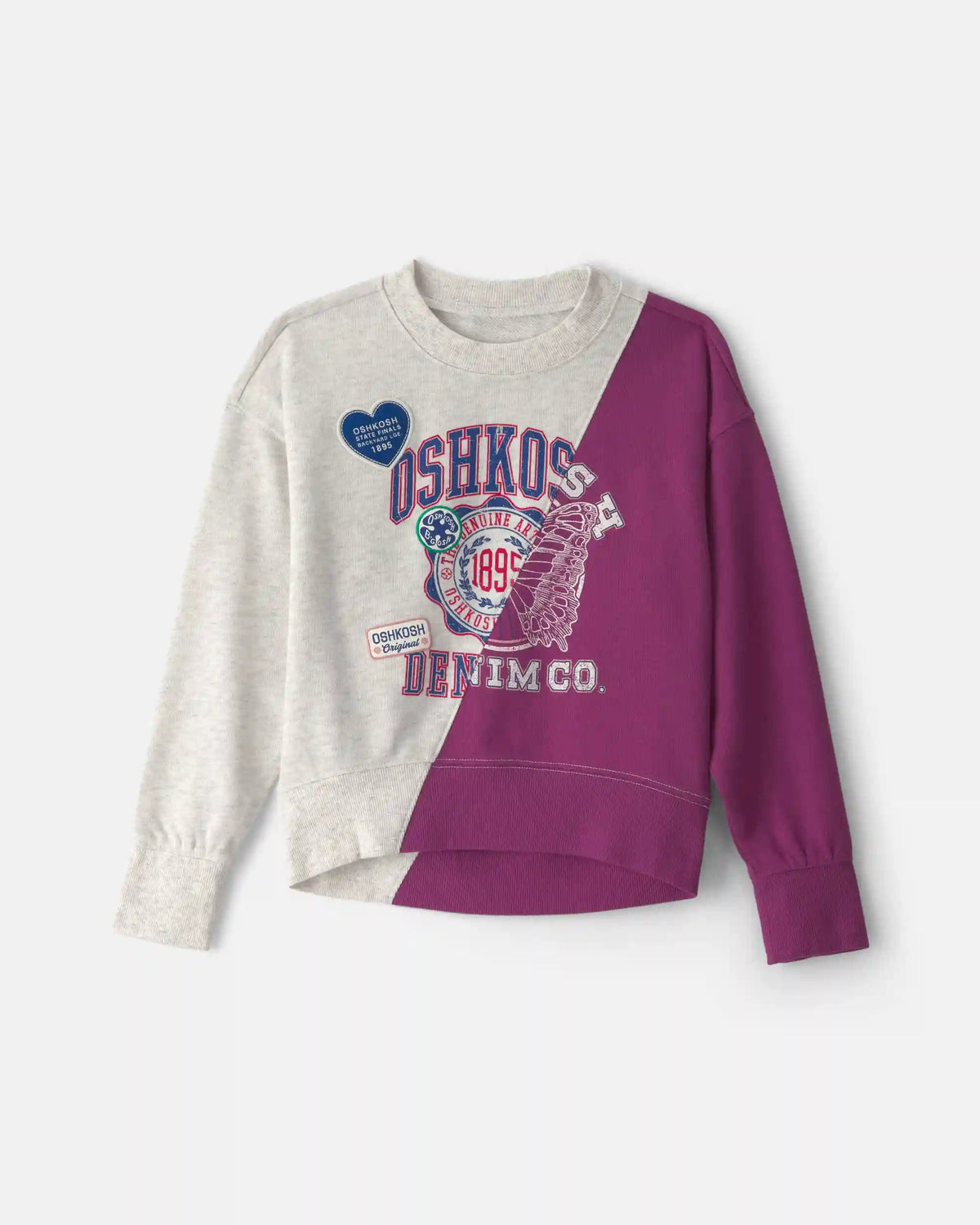 Girls 'Oshkosh Denim Co' French Terry Pullover Sweatshirt - Grey/Purple