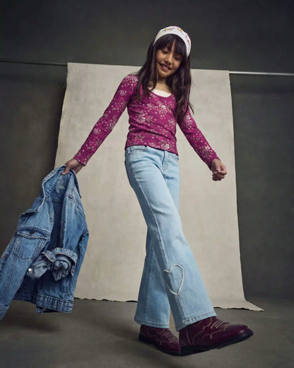 Girls Heart Denim Wide-Leg Jeans - Light Wash