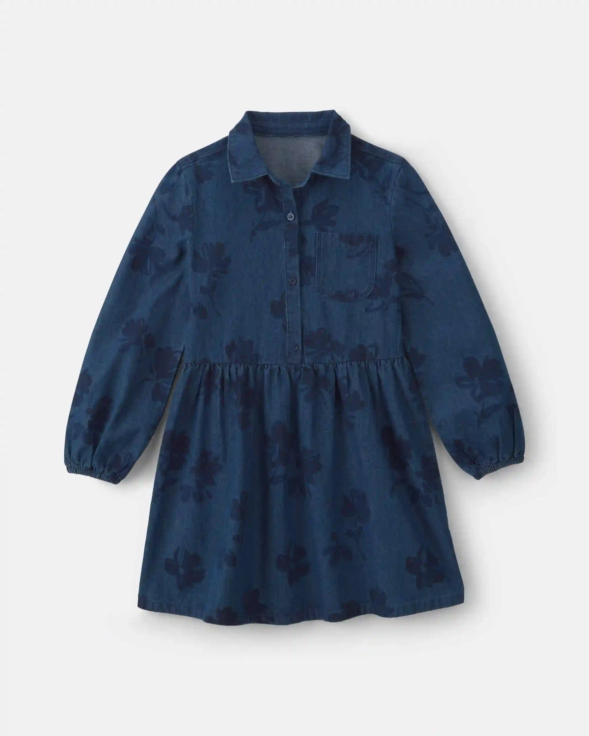 Girls Floral Denim Long-Sleeve Dress - Dark Wash