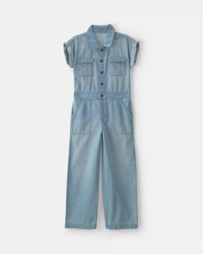 Girls Denim Short-Sleeve Jumpsuit - Light Wash