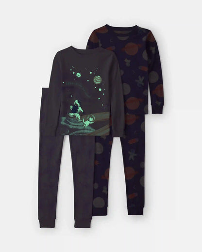 Girls 4-Piece Space Dog Glow in the Dark 100% Cotton Snug Fit Pajama Set - Purple