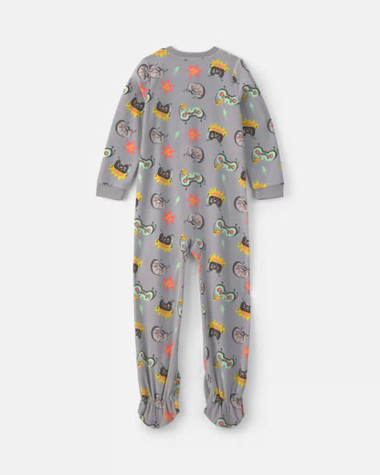 Boys 1-Piece Gamer Fleece Loose Fit Footed Pajama - Grey