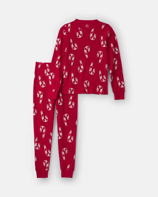 Adult Candy Cane Christmas Thermal Snug Fit 2-Piece Pajama Set - Red
