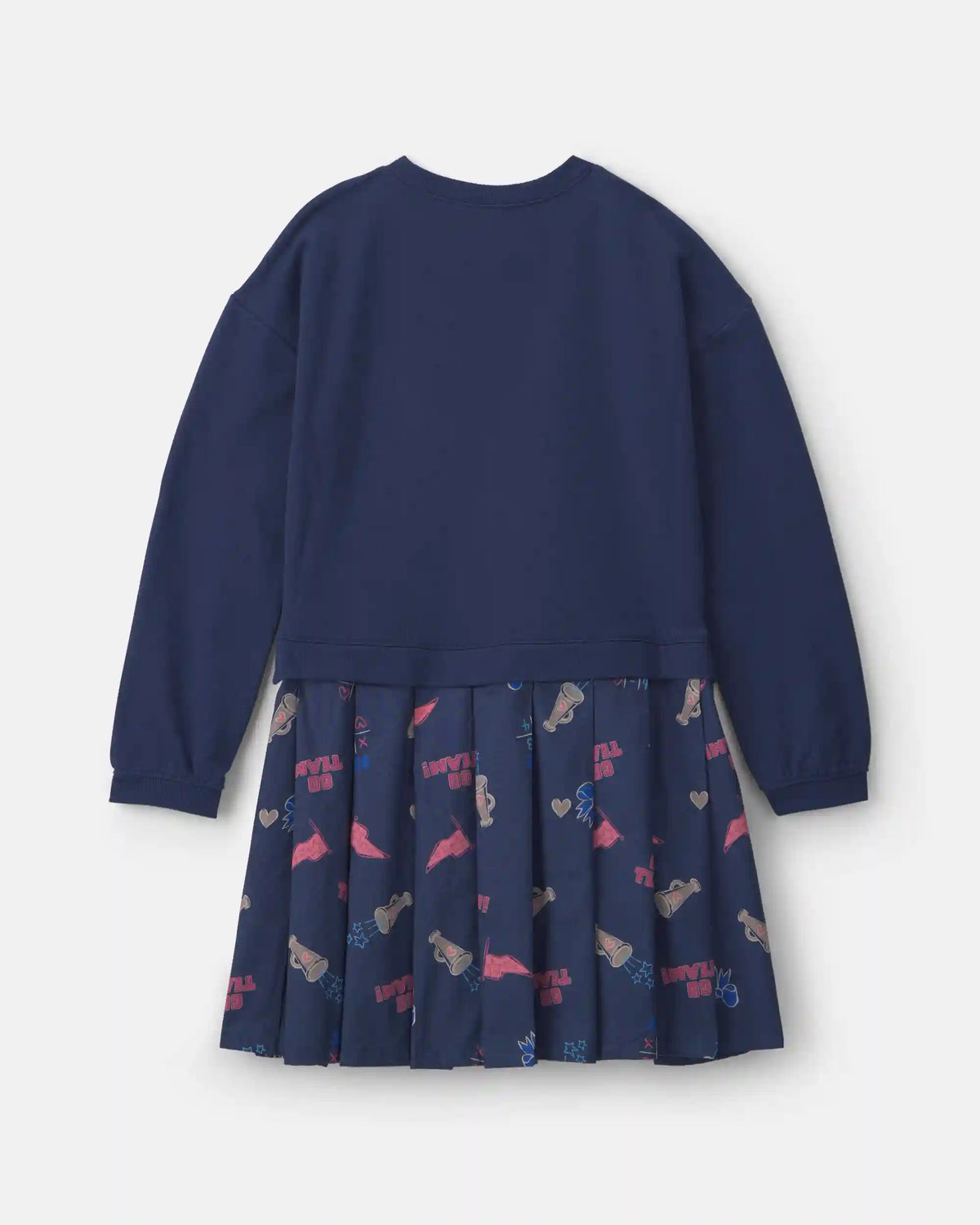 Girls Long Sleeve Cheer Print Dress - Navy Blue