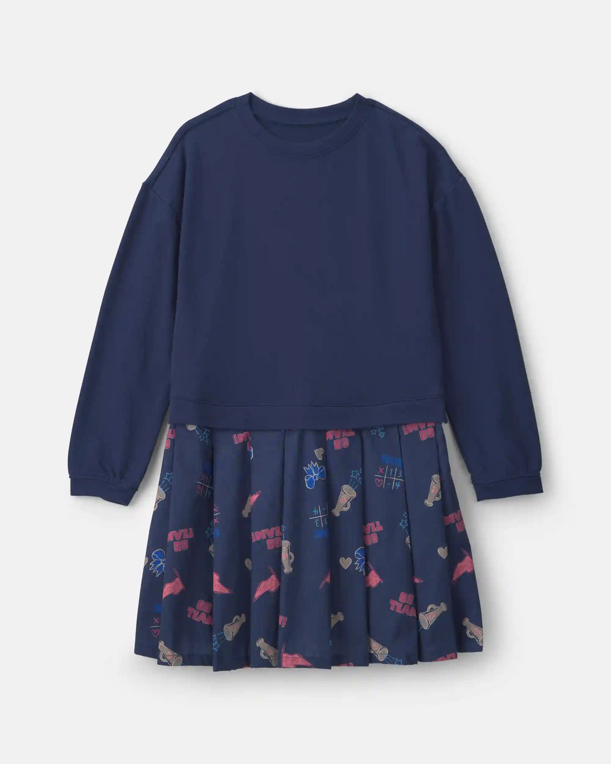 Girls Long Sleeve Cheer Print Dress - Navy Blue