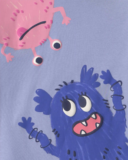 Girls 4-Piece Monster 100% Cotton Snug Fit Pajama Set - Blue/Cream