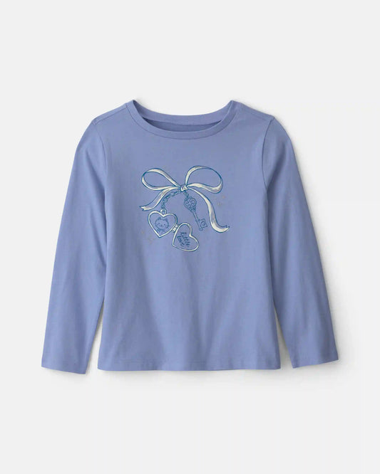 Girls Bow Keychain Long-Sleeve Graphic Tee - Purple