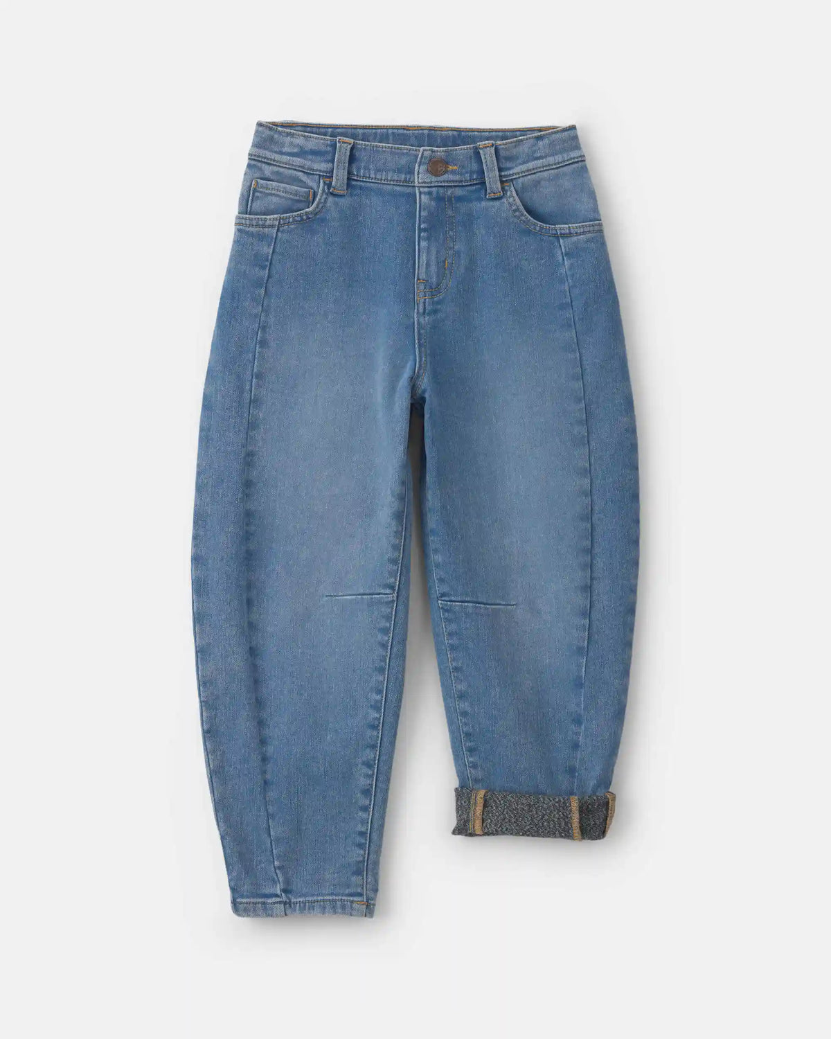 Girls Fleece-Lined Denim Barrel Jeans - Medium Wash