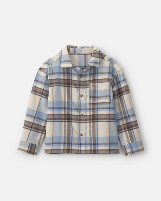 Boys Plaid Baggy Flannel Button-Down Shirt - Grey/Blue/Brown