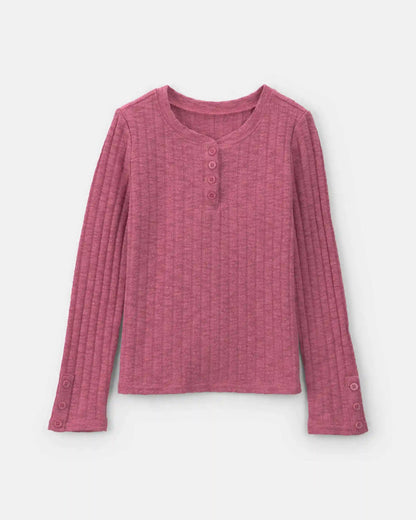 Girls Ribbed Long-Sleeve Henley Top - Pink