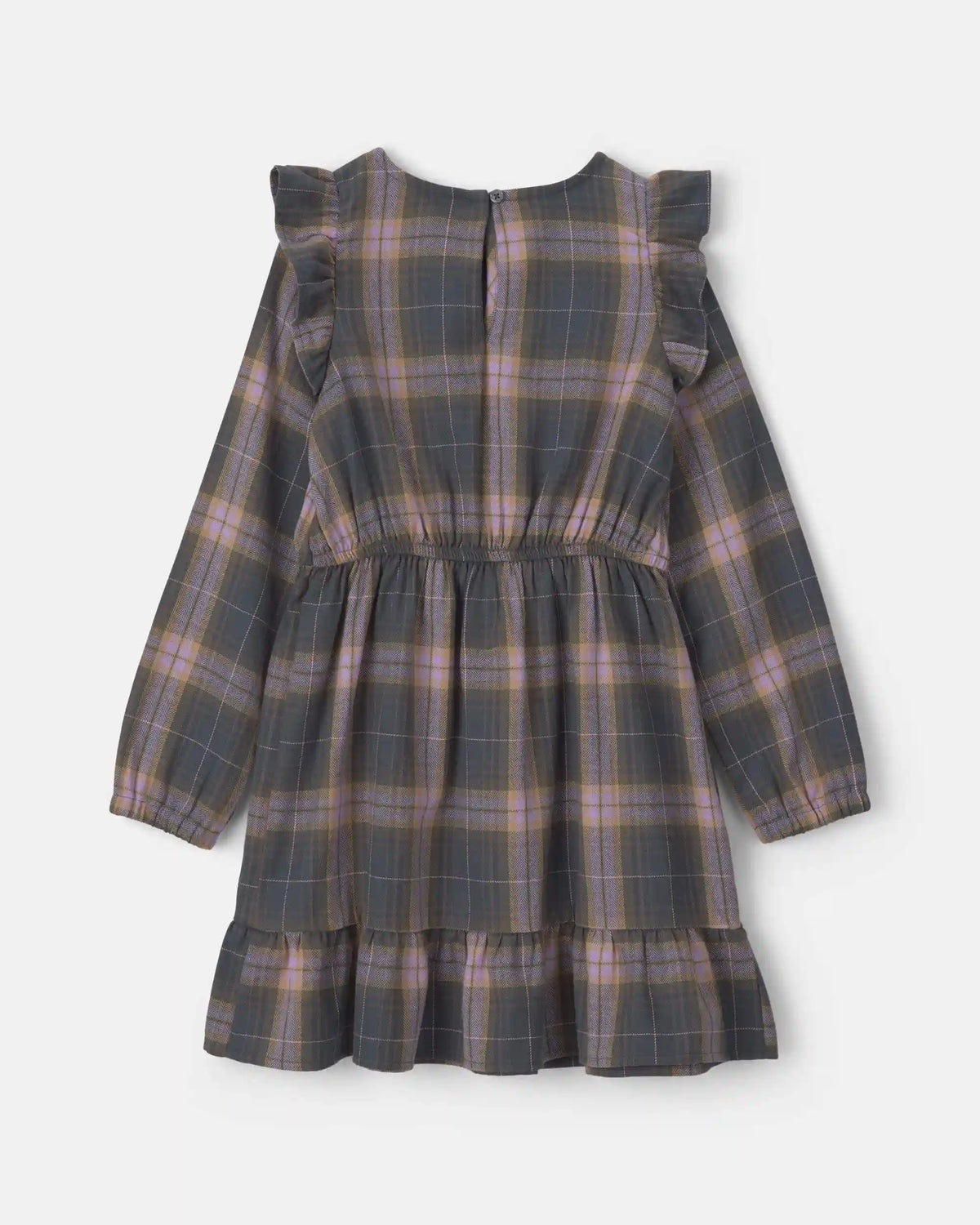 Girls Plaid Ruffle Long-Sleeve Dress - Grey/Pink