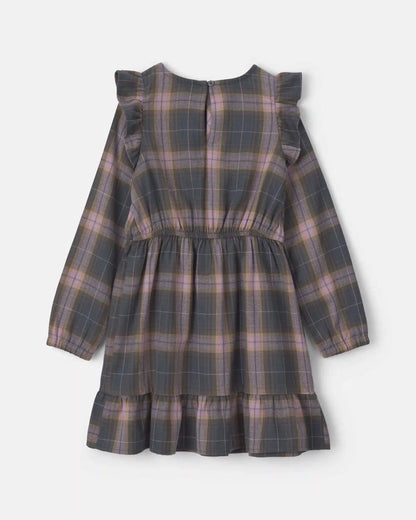 Girls Plaid Ruffle Long-Sleeve Dress - Grey/Pink