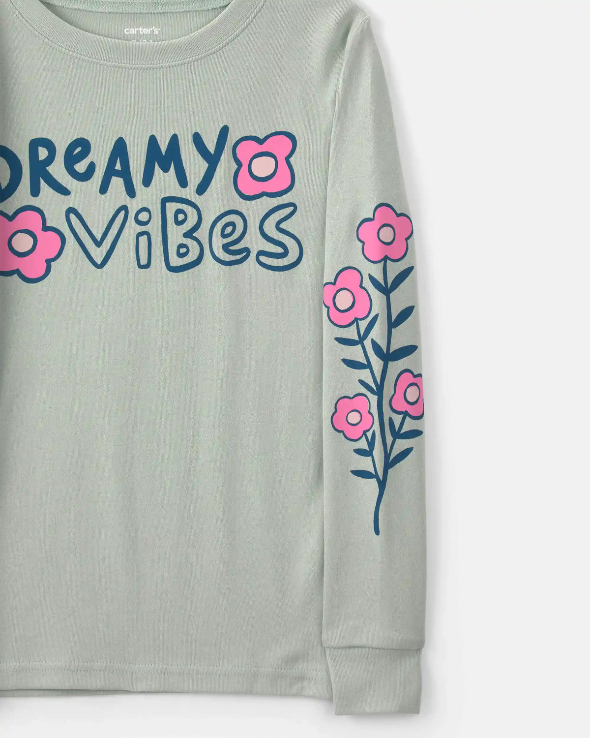 Girls 'Dreamy Vibes' Floral 100% Cotton 4-Piece Pajama Set - Green/Pink