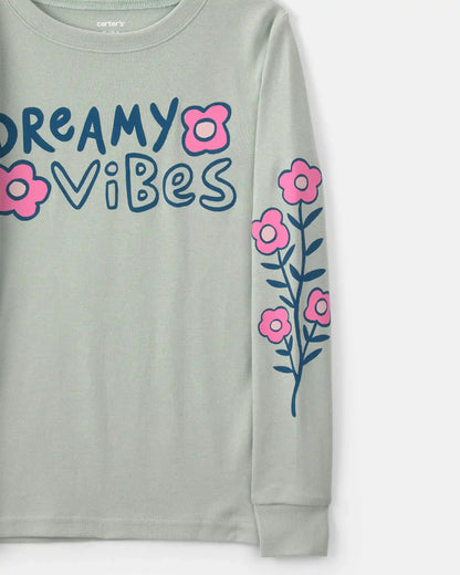 Girls 'Dreamy Vibes' Floral 100% Cotton 4-Piece Pajama Set - Green/Pink