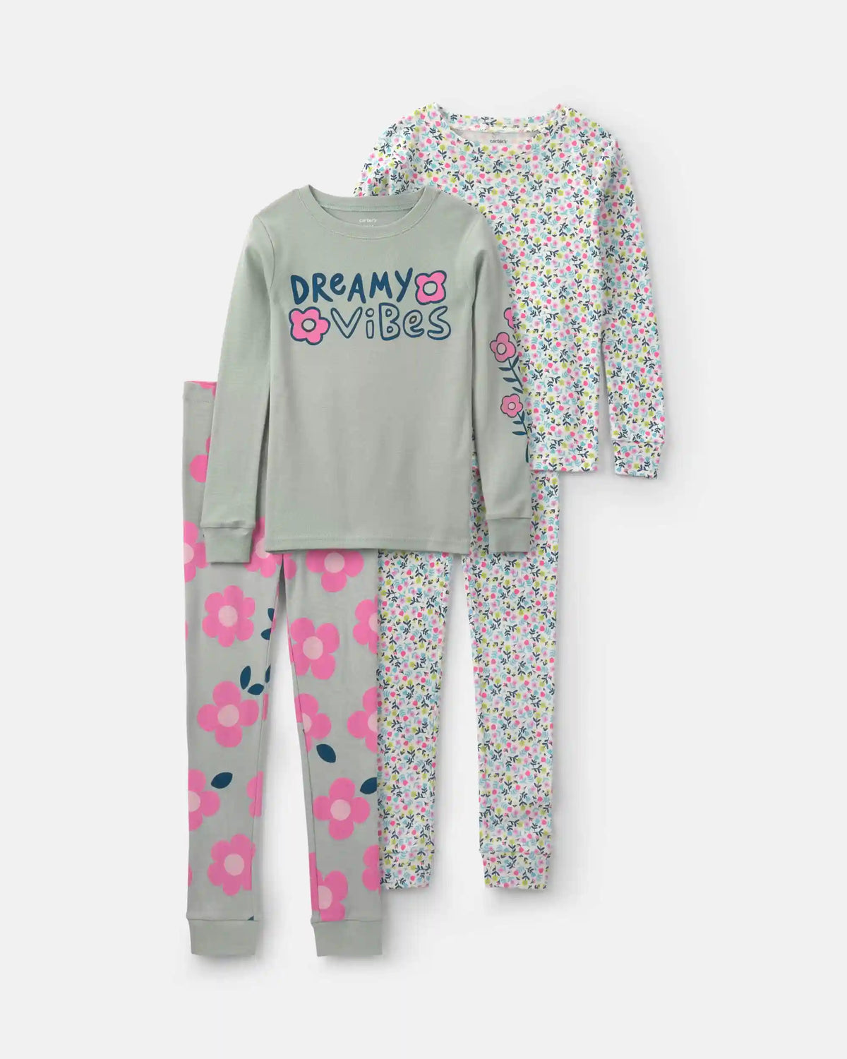 Girls 'Dreamy Vibes' Floral 100% Cotton 4-Piece Pajama Set - Green/Pink