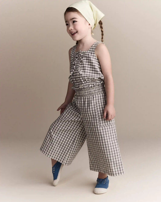 Toddler Girl Gingham Peplum Top with Bows - Cream/Grey