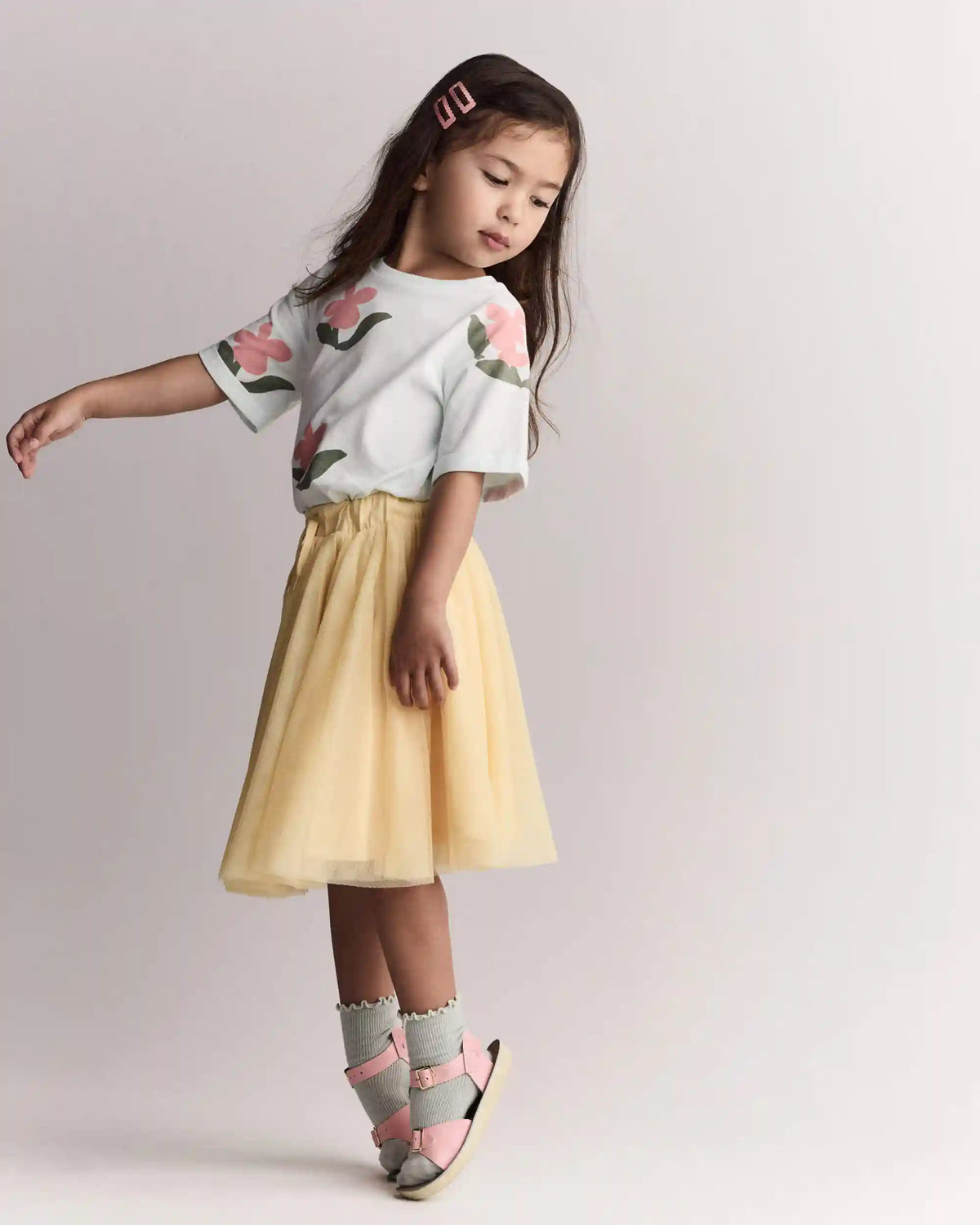 Toddler Girl Rolled Cuff Tee in Floral Print - Light Green