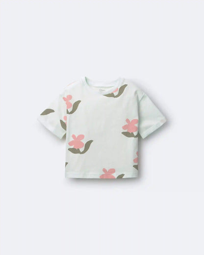 Toddler Girl Rolled Cuff Tee in Floral Print - Light Green