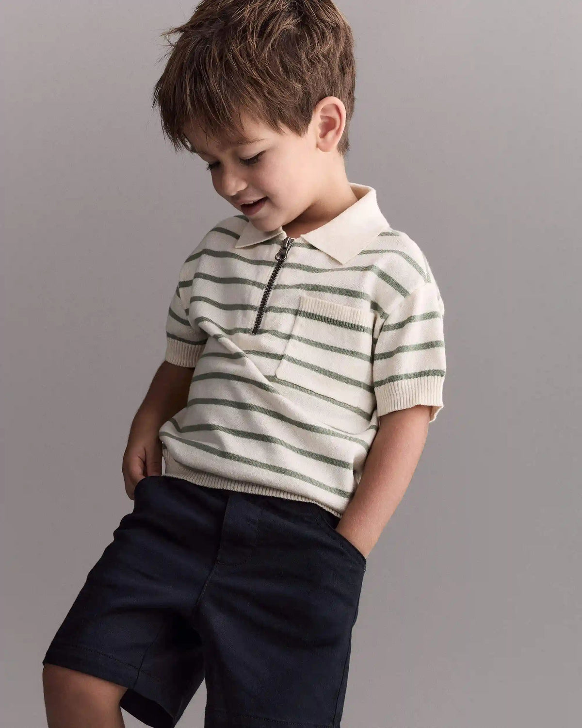 Toddler Boy Knit Zip-Up Polo in Stripes - Cream