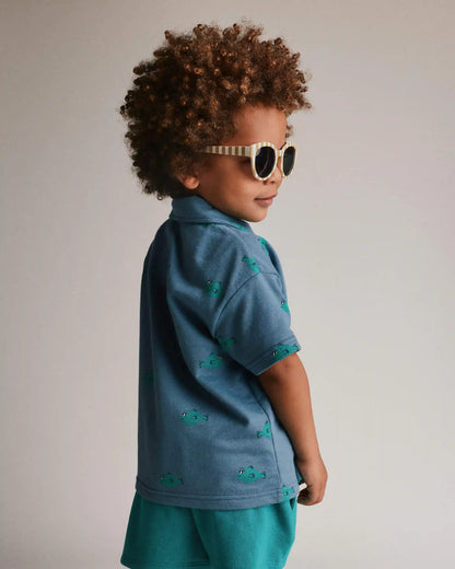 Toddler Boy Button-Down Short-Sleeve Shirt in Fish Print - Slate Blue