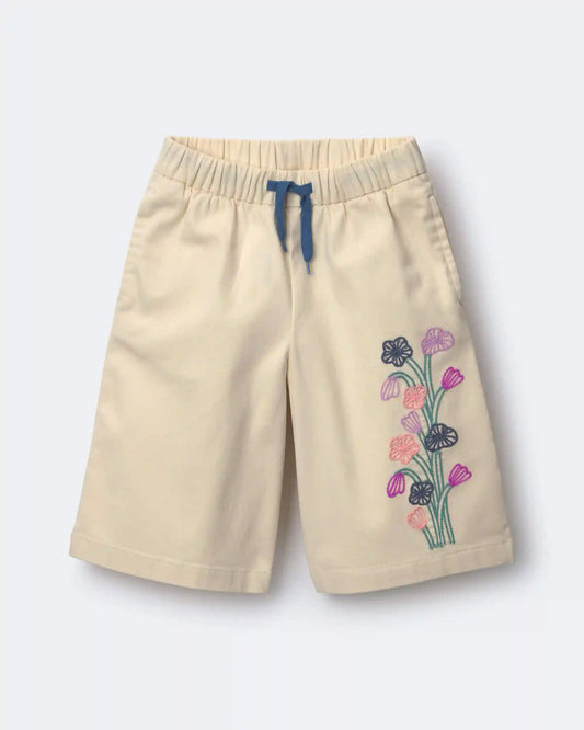 Toddler Girl Embroidered Wide-Leg Pants with Flowers - Cream