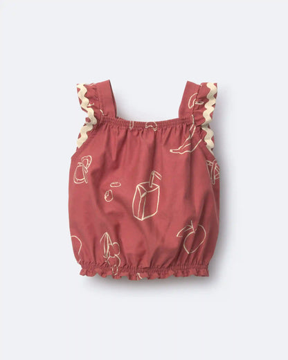 Toddler Girl Ruffle Peplum Top in Snack Print - Red