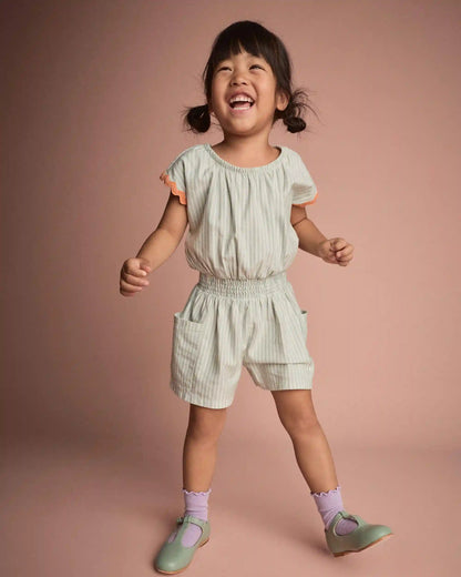 Toddler Girl Swing Romper with Pockets in Stripes- Light Blue