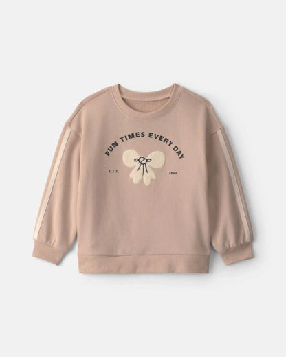 Toddler Girl 'Fun Times Every Day' Bow French Terry Pullover Sweatshirt - Tan