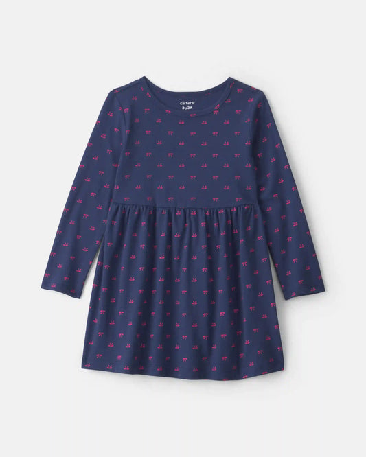 Toddler Girl Bow Long-Sleeve Dress - Navy Blue
