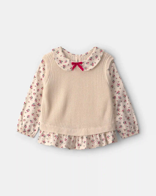 Toddler Girl Collared Floral Sweater - Cream