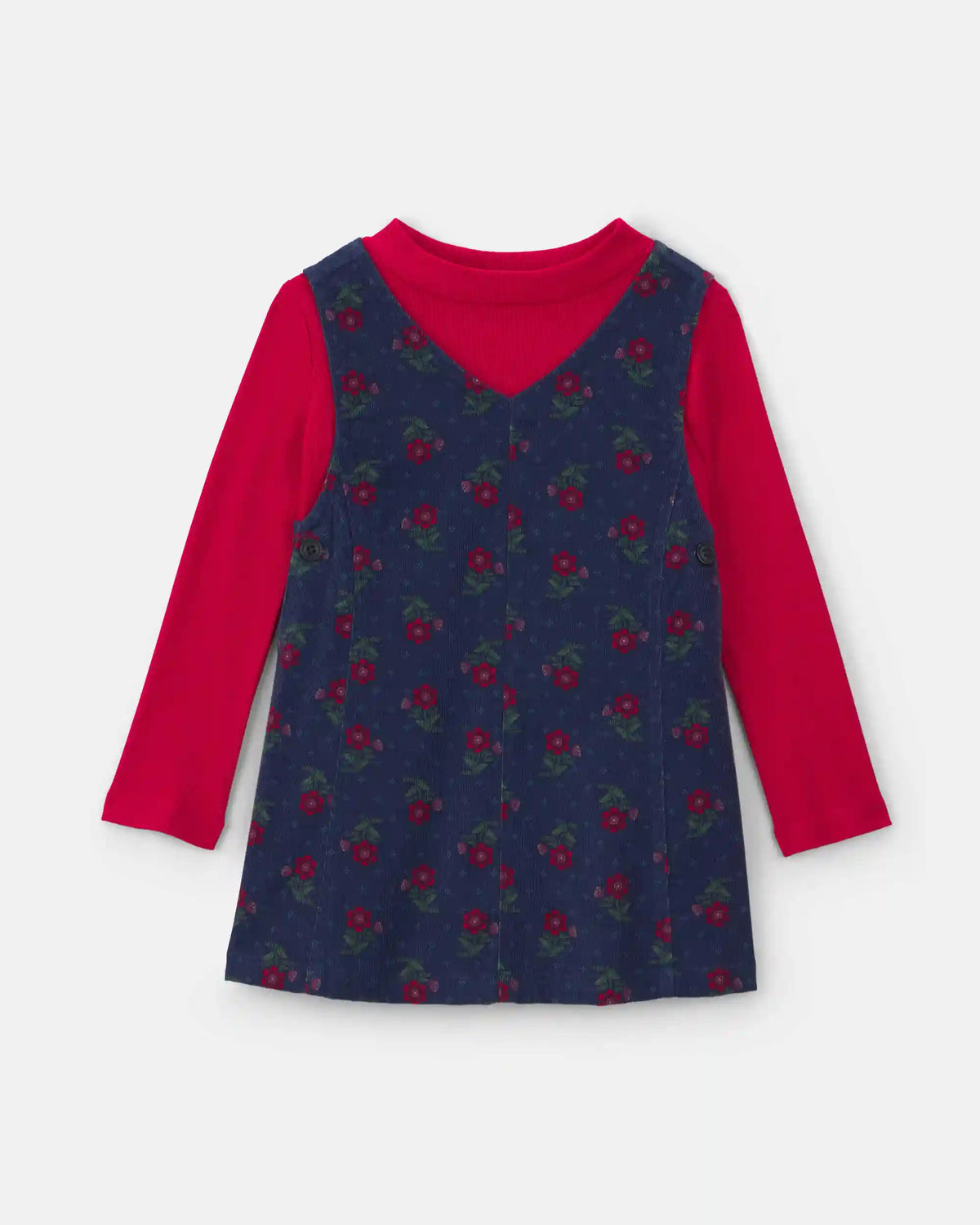 Toddler Girl 2-Piece Floral Corduroy Long-Sleeve Dress Set - Navy Blue/Red