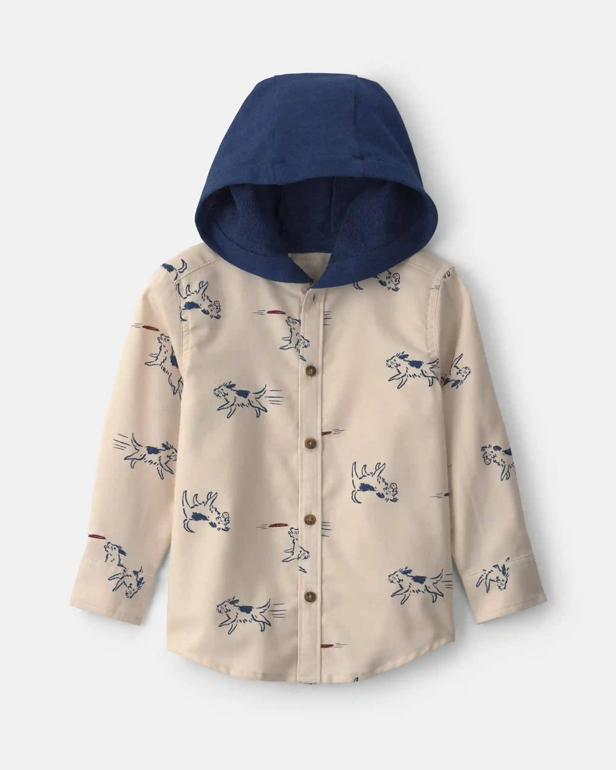 Toddler Boy Dog Long-Sleeve Button-Down Hooded Shirt - Cream/Navy Blue