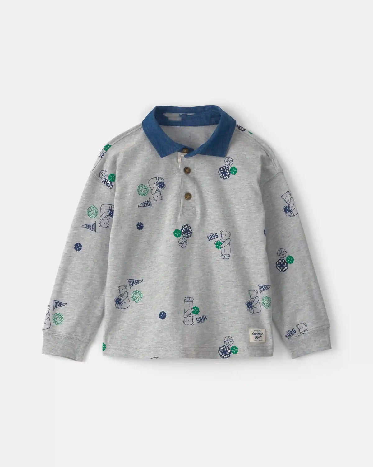 Toddler Boy Bear Long-Sleeve Polo Shirt - Grey