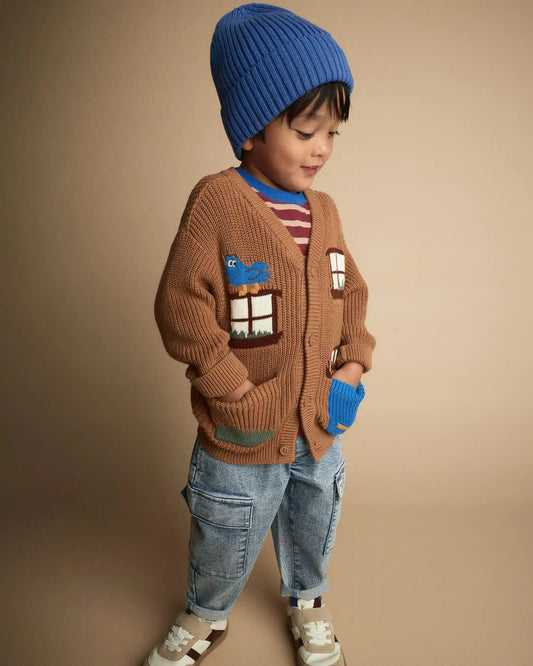 Toddler Cardigan with Avenue Pockets in House Print - Brown