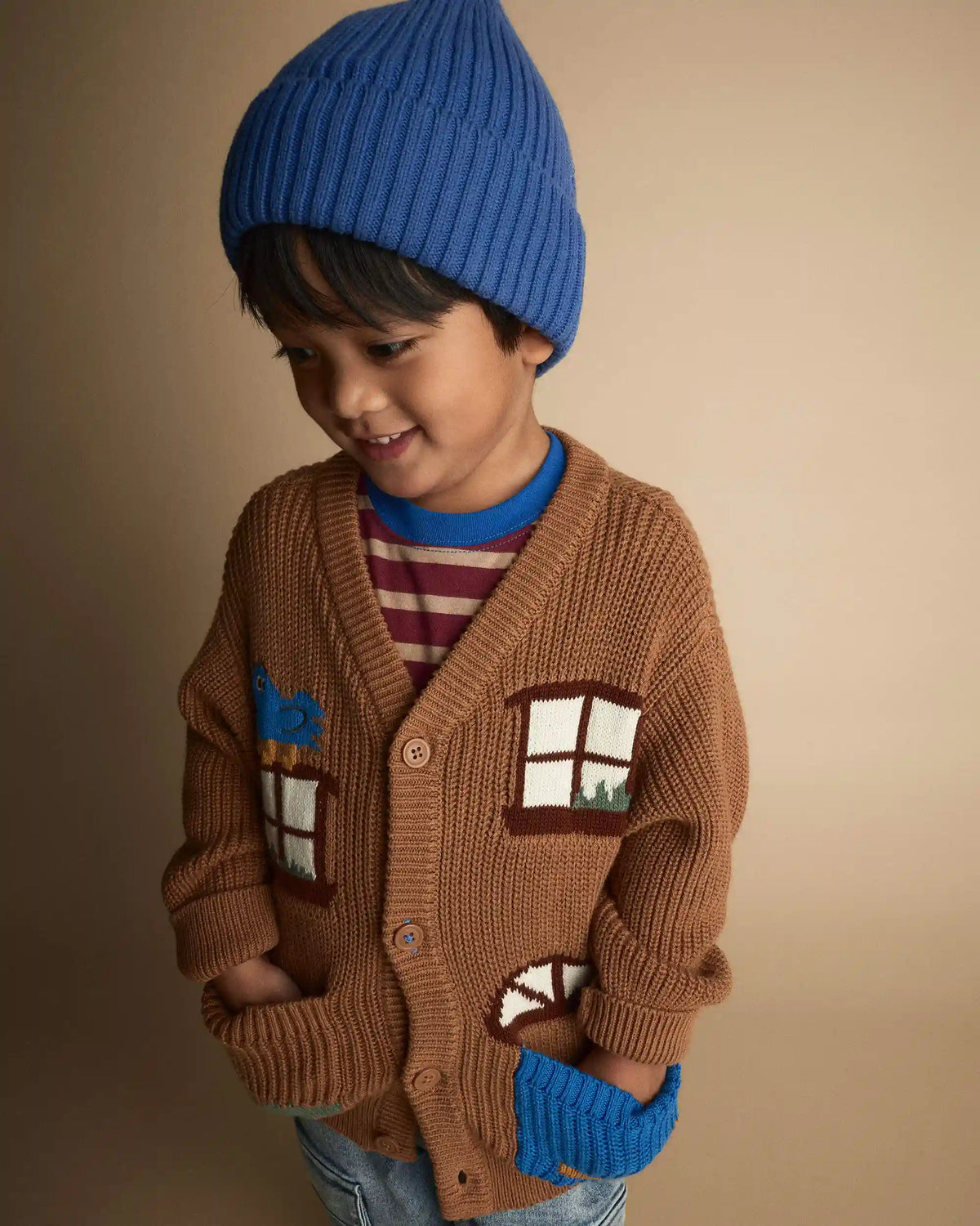 Toddler Cardigan with Avenue Pockets in House Print - Brown