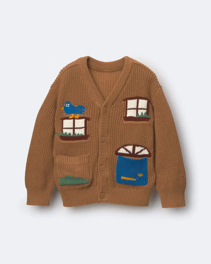 Toddler Cardigan with Avenue Pockets in House Print - Brown