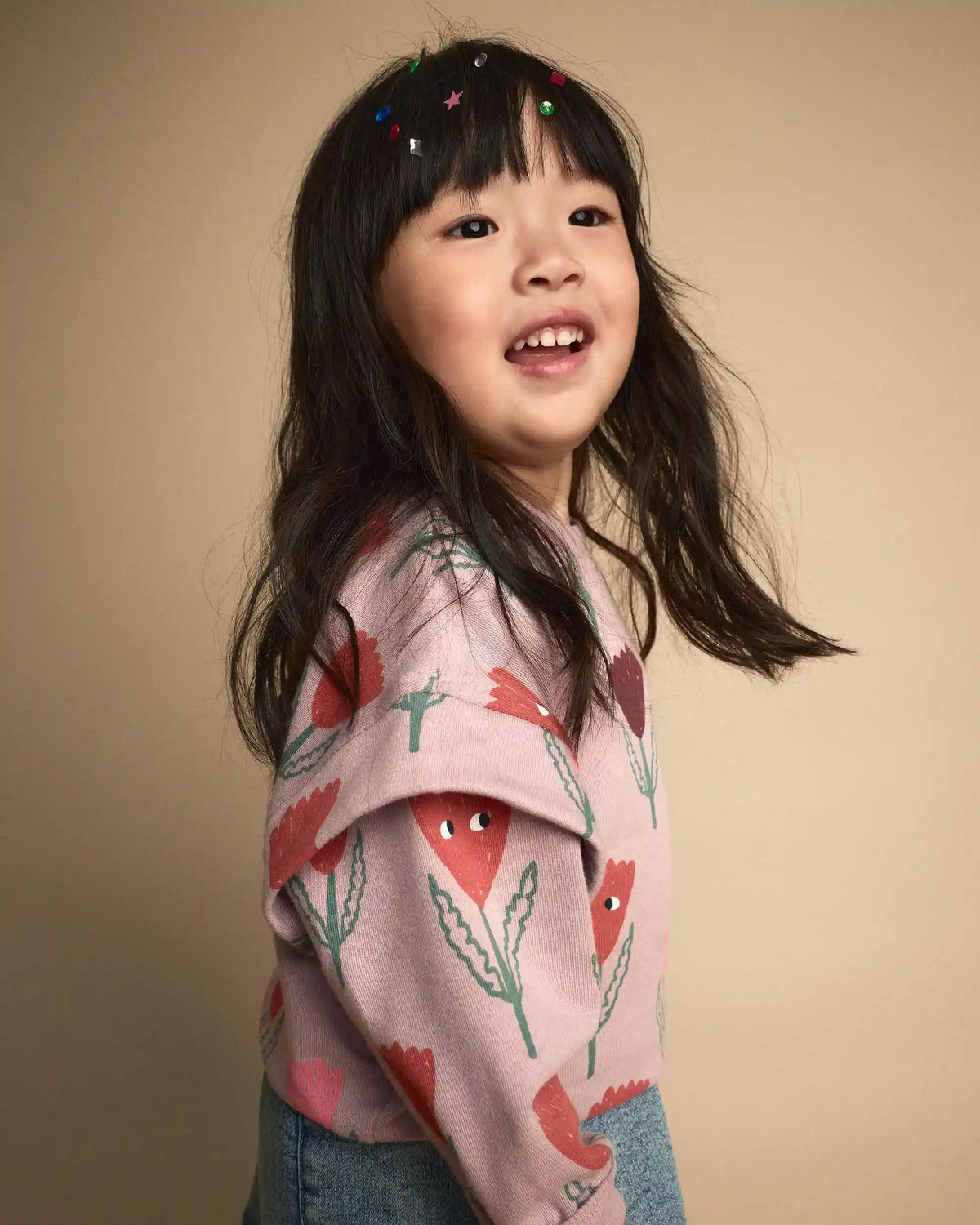 Toddler Girl Double Layer Pullover Sweatshirt in Tulip Print - Mauve