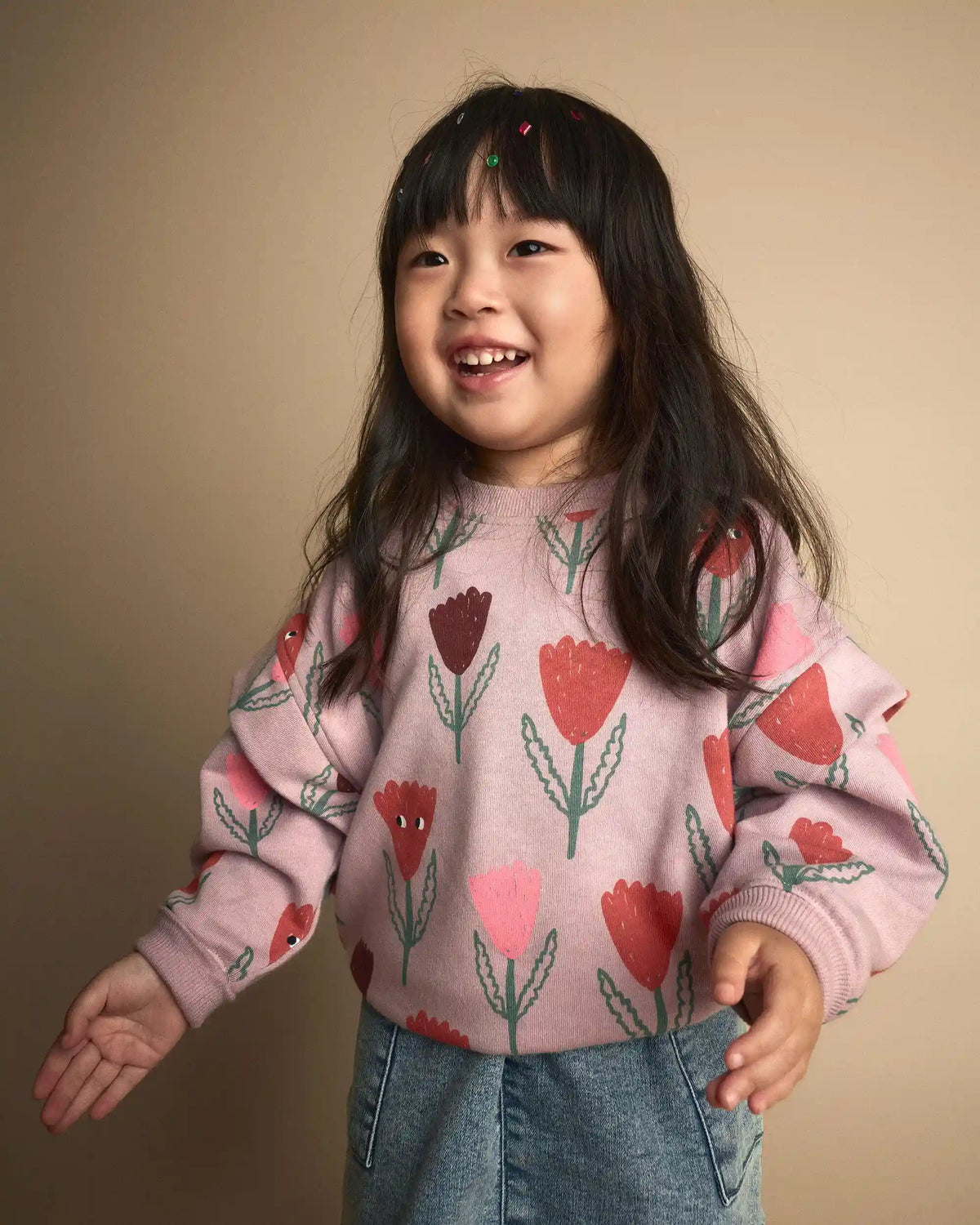 Toddler Girl Double Layer Pullover Sweatshirt in Tulip Print - Mauve