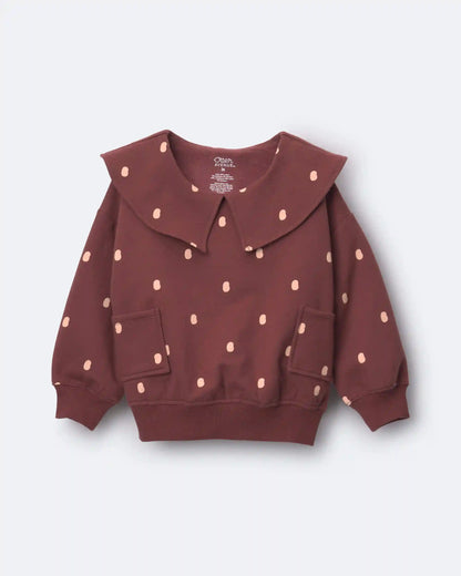 Toddler Girl Peter Pan Collar Pullover with Otter Pockets in Polka Dots - Burgundy