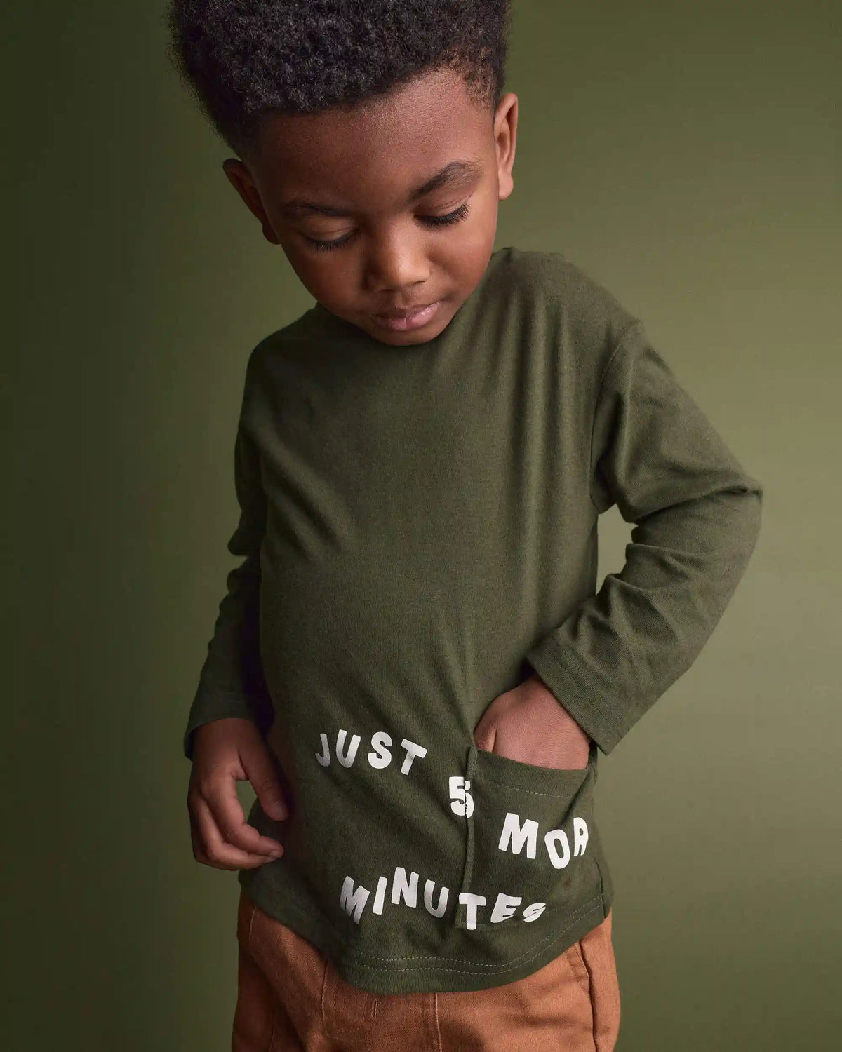 Toddler 'Just 5 More Minutes' Long-Sleeve Relaxed Graphic Tee - Olive