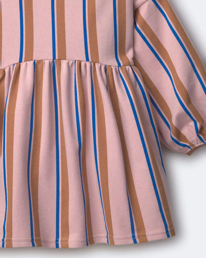Toddler Girl Balloon-Sleeve Dress in Stripes - Pink/Brown/Blue