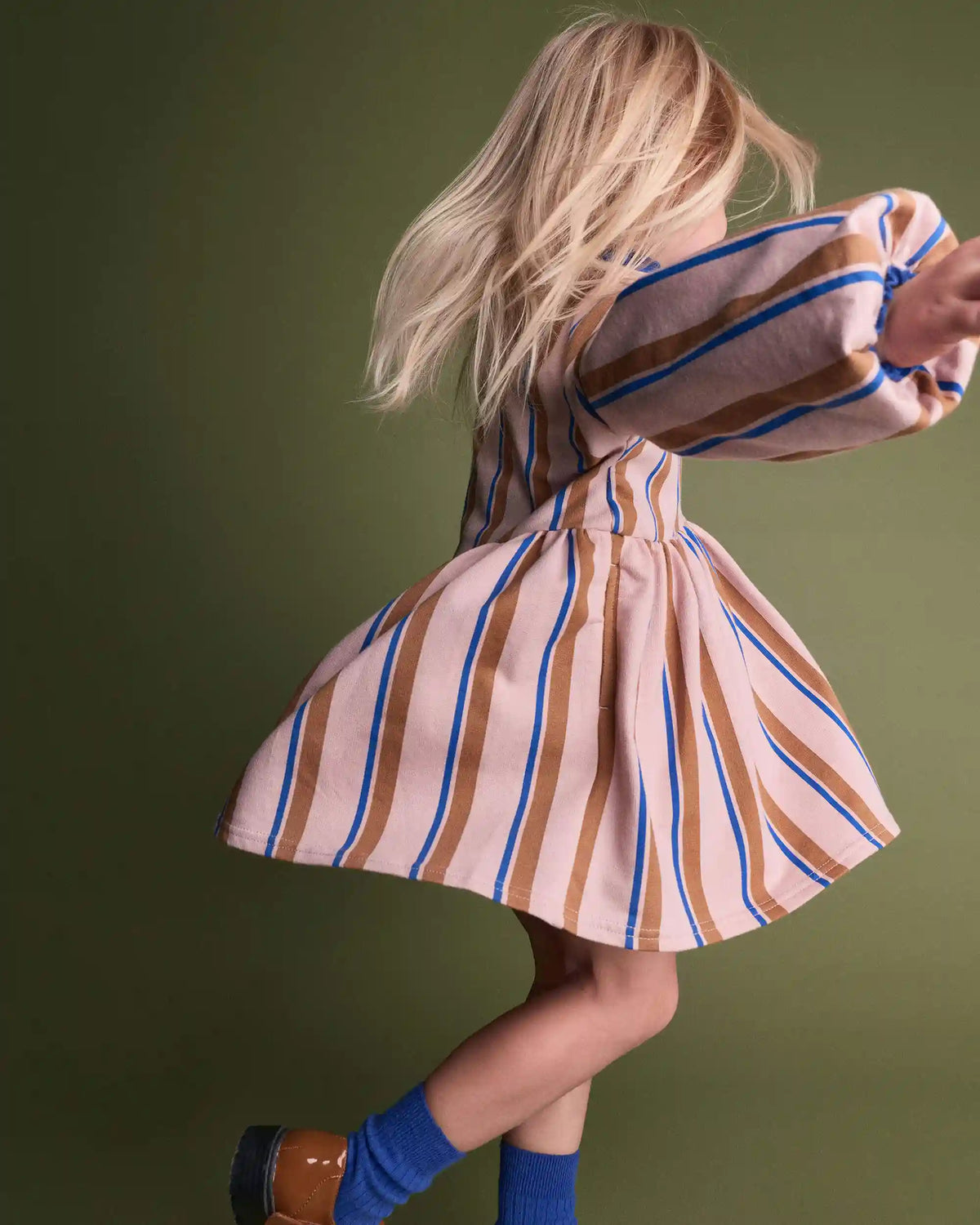 Toddler Girl Balloon-Sleeve Dress in Stripes - Pink/Brown/Blue