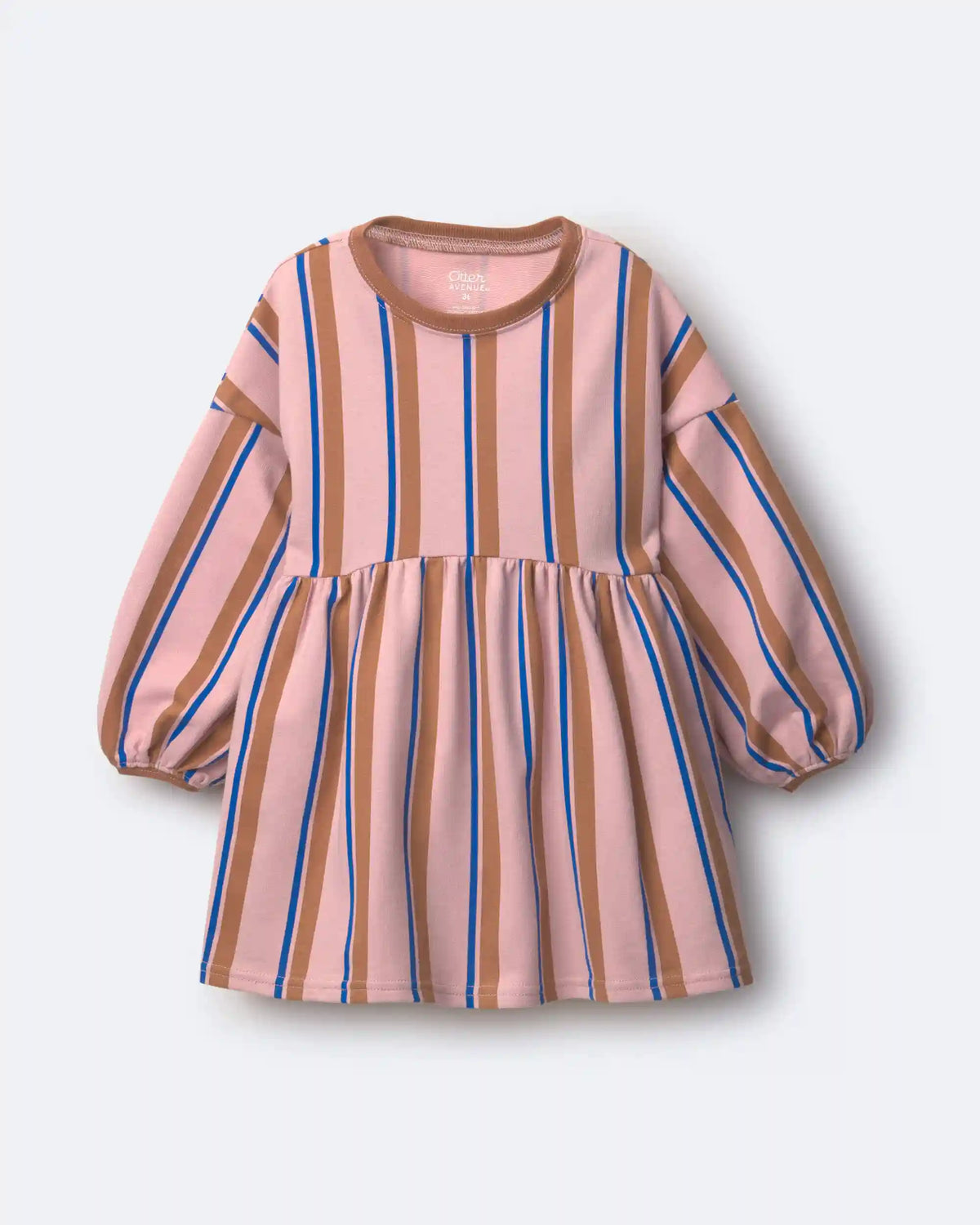 Toddler Girl Balloon-Sleeve Dress in Stripes - Pink/Brown/Blue