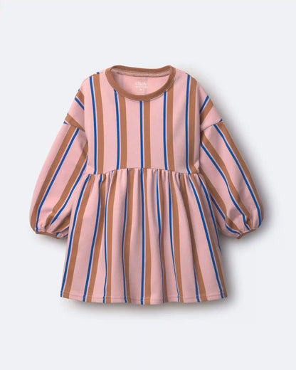Toddler Girl Balloon-Sleeve Dress in Stripes - Pink/Brown/Blue