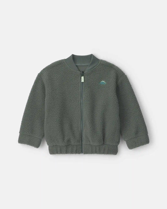 Toddler Boy Dinosaur Teddy Fleece Zip-Up Jacket - Olive Green