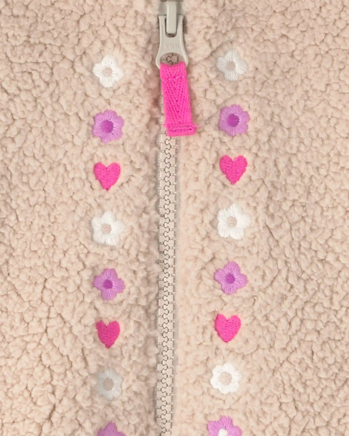 Toddler Girl Flower Teddy Fleece Zip-Up Hoodie - Cream