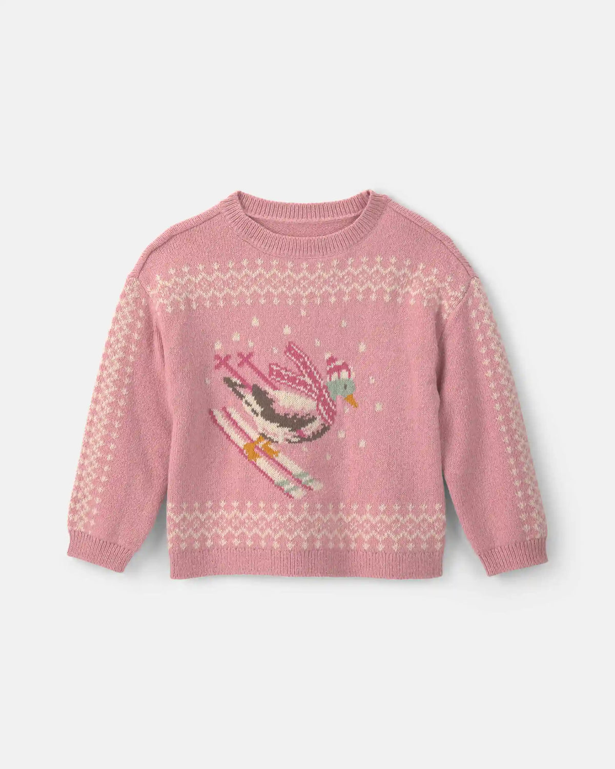 Toddler Girl Duck Skiing Fair Isle Sweater - Pink